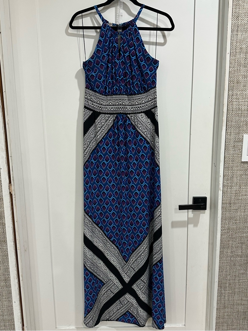 London Times Blue Geometric Halter Maxi Dress 6